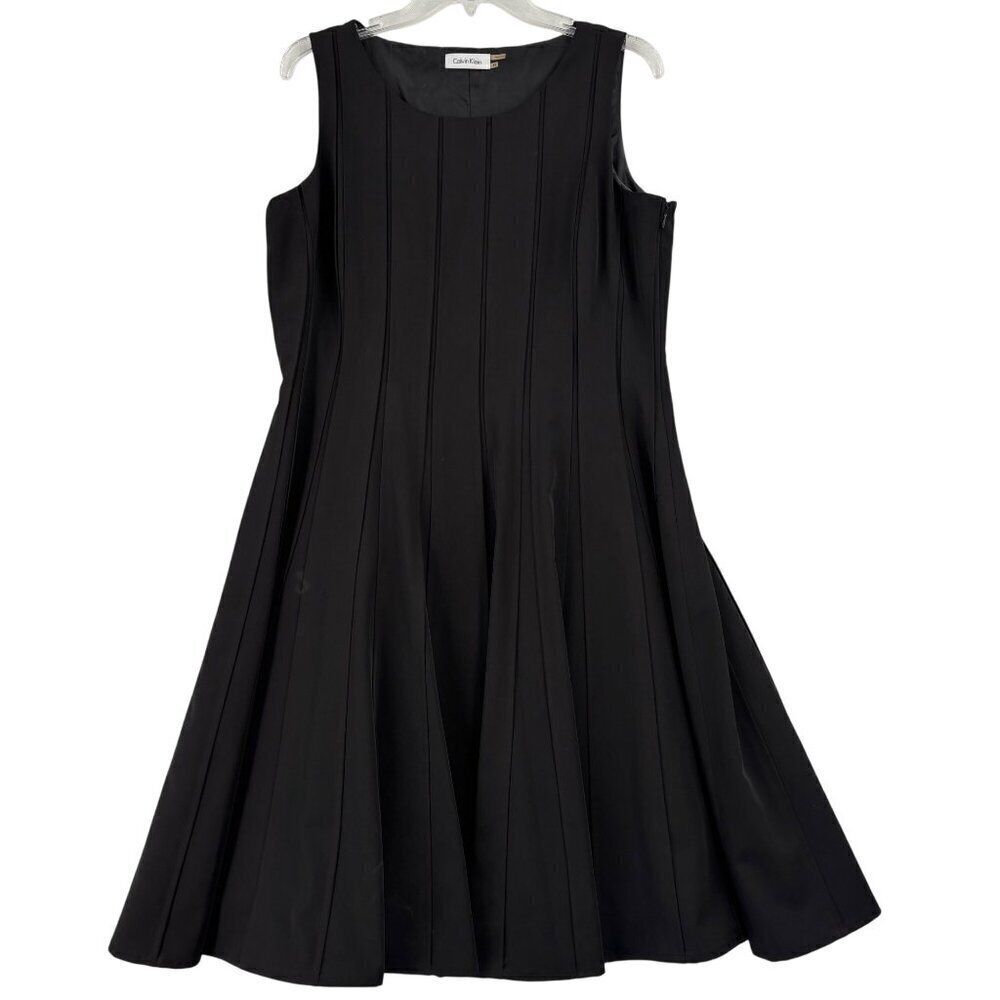 Calvin Klein Pleated A-Line Dress Size 12 Black Sleeveless‎ Lined Side Zip